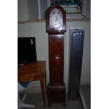 EARLY 20TH CENTURY MAHOGANY CASED GRANDMOTHER CLOCK WITH SILVERED ROMAN NUMERAL DIAL.