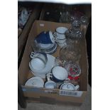 BOX OF ASSORTED CERAMICS AND GLASS TO INCLUDE A GERMAN BLUE AND WHITE PART COFFEE SET, DECANTERS,