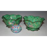 PAIR OF CHINESE CANTON ENAMEL LOTUS SHAPED BOWLS, DECORATED WITH PEONY AND BUTTERFLIES,