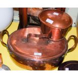 TWO PIECES OF LATE 19TH / EARLY 20TH CENTURY COPPER WARE, INCLUDING A TWIN HANDLED LIDDED PAN,