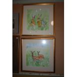 SHEENA STANBRIDGE (CONTEMPORARY SCOTTISH SCHOOL) PAIR OF STUDIES OF HARES AND ROE DEER EACH