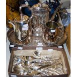A COLLECTION OF ASSORTED EP WARE TO INCLUDE BOX OF LOOSE CUTLERY AND FLATWARE, COFFEE POT, HOT WATER
