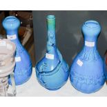 PAIR OF BLUE GLAZED BOTTLE VASES DECORATED WITH GREEK KEY AND STYLISED FOLIATE MOTIFS, AND A BLUE