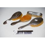 CHESTER SILVER TWO-PIECE DRESSING TABLE BRUSH SET, TOGETHER WITH ANOTHER SILVER-MOUNTED THREE