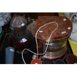 COPPER AND BRASS GB TRADEMARK SHIPS LANTERN CONVERTED TO ELECTRICITY, TOGETHER WITH A RUBY GLASS AND