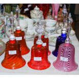 COLLECTION OF SIX 19TH CLEAR AND COLOURED GLASS BELLS TO INCLUDE A PAIR OF RUBY GLASS BELLS