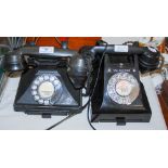 TWO VINTAGE BLACK ROTARY DIAL TELEPHONES, ONE 'WAVERLEY 1732', THE OTHER 'CALEDONIAN 2551'.