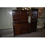 A 20TH CENTURY STAINED OAK DRESSER TOGETHER WITH A STAINED OAK AND LEADED GLASS CORNER CUPBOARD,