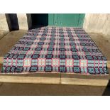 A 20TH CENTURY TRADITIONAL GEOMETRIC WOVEN WELSH BLANKET IN SHADES OF BLUE, MAGENTA, PINK AND CREAM