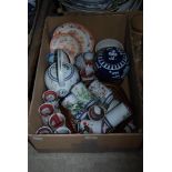 BOX OF ASSORTED CERAMICS TO INCLUDE JAPANESE TEAPOT, CUPS, BLUE AND WHITE JAR, ETC.
