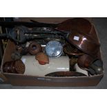 BOX OF ASSORTED HOUSEHOLD ITEMS TO INCLUDE STONEWARE HOT WATER BOTTLES, ROASTING PANS, FIRE