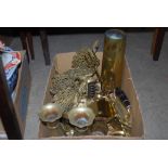 BOX OF ASSORTED BRASS WARE TO INCLUDE PAIR OF TABLE BIRDS, 1962 SHELL CASE, IRON TRIVET WITH EBONY