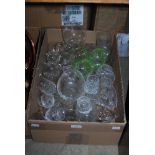 BOX OF ASSORTED GLASSWARE.