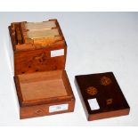 JAPANESE PARQUETRY INLAID RECTANGULAR WHIST MARKER/ PLAYING CARD BOX DECORATED WITH STYLED MONS.