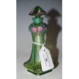 AN EARLY 20TH CENTURY ART NOUVEAU GREEN GLASS SCENT BOTTLE BY 'GABILLA, PARIS', VIOLETS PATTERN,