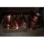 BOX OF ASSORTED COPPER WARE TO INCLUDE KETTLES, COMPANION STAND, TOGETHER WITH HELMET-SHAPED COAL