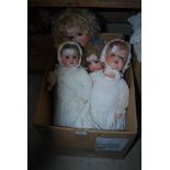 BOX CONTAINING COLLECTION OF FIVE ASSORTED BISQUE HEAD DOLLS TO INCLUDE ONE PARIS PORCELAIN BISQUE