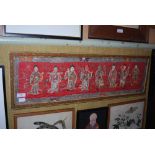A FRAMED EARLY 20TH CENTURY CHINESE EMBROIDERED PANEL, WITH THE EIGHT IMMORTALS ON A RED GROUND WITH