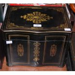 LATE 19TH CENTURY EBONISED AND BRASS INLAID DECANTER BOX, THE HINGED COVER OPENING TO A FITTED