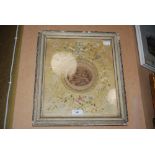 A 19TH CENTURY EMBRIODERED SILK PANEL, A FRAMED MOUNT SEWN WITH FLOWERS AND SCROLLING BOWS