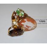 YELLOW METAL CAMEO SET DRESS RING, TOGETHER WITH A YELLOW METAL AND SMOKY QUARTZ DRESS RING, AND