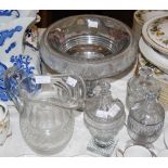 FIVE PIECES OF 19TH CENTURY GLASSWARE TO INCLUDE TWO-PART PEDESTAL BOWL, HELMET-SHAPED JUG, THREE