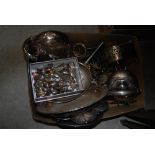 BOX OF ASSORTED EP WARE TO INCLUDE KETTLE WITH DOG-SHAPED FINIAL, ASSORTED SOUVENIR TEASPOONS AND