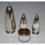 LONDON SILVER FOUR PIECE CRUET SET COMPRISING TALL SUGAR SHAKER, SALT AND PEPPER POTS, SMALL BOWL ON