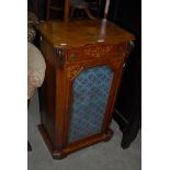 VICTORIAN WALNUT AND MARQUETRY INLAID PIER CABINET WITH SINGLE DRAWER AND FROSTED GLASS PANEL DOOR.