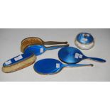 SEVEN BIRMINGHAM SILVER AND BLUE ENAMEL DRESSING TABLE PIECES, TWO PART SETS