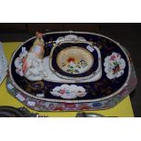 A GROUP OF CERAMICS INCLUDING AN EARLY 19TH CENTURY DERBY BLUE AND GILT FLORAL ASHET TOGETHER WITH A