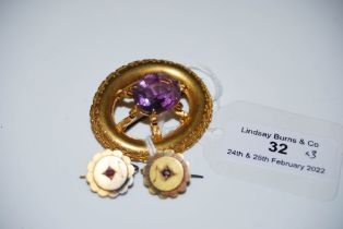 LATE 19TH CENTURY YELLOW METAL OVAL BROOCH, CENTRED WITH FACET CUT AMETHYST COLOURED OVAL STONE,
