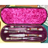 A LATE 19TH / EARLY 20TH CENTURY SILVER MOUNTED STAG HORN CARVING SET, INCLUDING TWO PAIRS OF