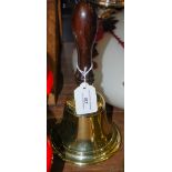 VINTAGE SCHOOL BELL WITH TURNED WOODEN HANDLE.