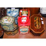 SIX ASSORTED VINTAGE TINS TO INCLUDE OCTAGONAL SHAPED 'HUNTLY AND PALMERS' BISCUIT TIN WITH