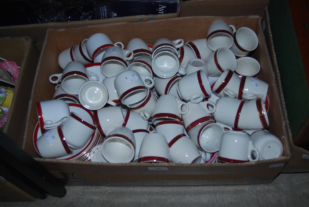 BOX OF ASSORTED WHITE, CLARET AND GILT TEA CUPS, COFFEE CUPS AND SAUCERS.