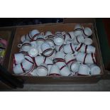 BOX OF ASSORTED WHITE, CLARET AND GILT TEA CUPS, COFFEE CUPS AND SAUCERS.