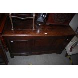 LATE 18TH CENTURY AND LATER OAK COFFER WITH HINGED TOP AND TRIPLE PANEL FRONT.