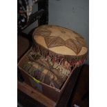 BOX OF ASSORTED VINTAGE ROUND SUEDE CUSHIONS WITH FRINGED DETAIL.
