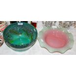 GREEN GROUND STRATHEARN BOWL, AND A VASART FRILL RIMMED BOWL MOTTLED GREEN AND PINK.