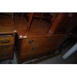 EARLY 20TH CENTURY OAK ARTS AND CRAFTS CHEST OF THREE SHORT OVER TWO LONG DRAWERS.