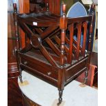 REPRODUCTION MAHOGANY FOUR-DIVISION CANTERBURY FITTED WITH SINGLE DRAWER ON BALUSTER TURNED