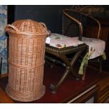 GROUP OF FURNITURE TO INCLUDE X-FRAME STOOL, WOVEN CANEWORK ARMCHAIR AND A WICKER LAUNDRY BASKET AND