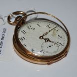 YELLOW METAL OPEN-FACED POCKET WATCH WITH WHITE ARABIC NUMERAL DIAL AND SUBSIDIARY SECONDS DIAL