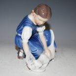 ROYAL COPENHAGEN PORCELAIN FIGURE OF A GIRL WITH CAT, BLUE THREE WAVE MARK TO BASE AND NUMBERED 421