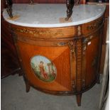 EARLY 20TH CENTURY PAINTED SATINWOOD MARBLE-TOP DEMILUNE SIDE CABINET FITTED WITH SINGLE CUPBOARD