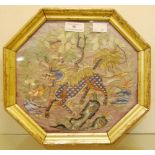 CHINESE OCTAGONAL-SHAPED SILK WORK PANEL DEPICTING KYLIN, RUYI, FUNGUS, FLOWERS, FOLIAGE AND TREE,