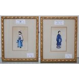 TWO 19TH CENTURY CHINESE WATERCOLOURS ON PITH PAPER, FEMALE WEARING BLUE ROBES AND MALE FIGURE