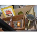 BOX - ASSORTED HOUSEHOLD ITEMS, COPPER, BRASS WARE, MAUCHLINE CUP AND COVER, DECORATIVE PICTURES,