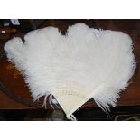 A LATE 19TH / EARLY 20TH CENTURY IVORY AND WHITE OSTRICH FEATHER FAN